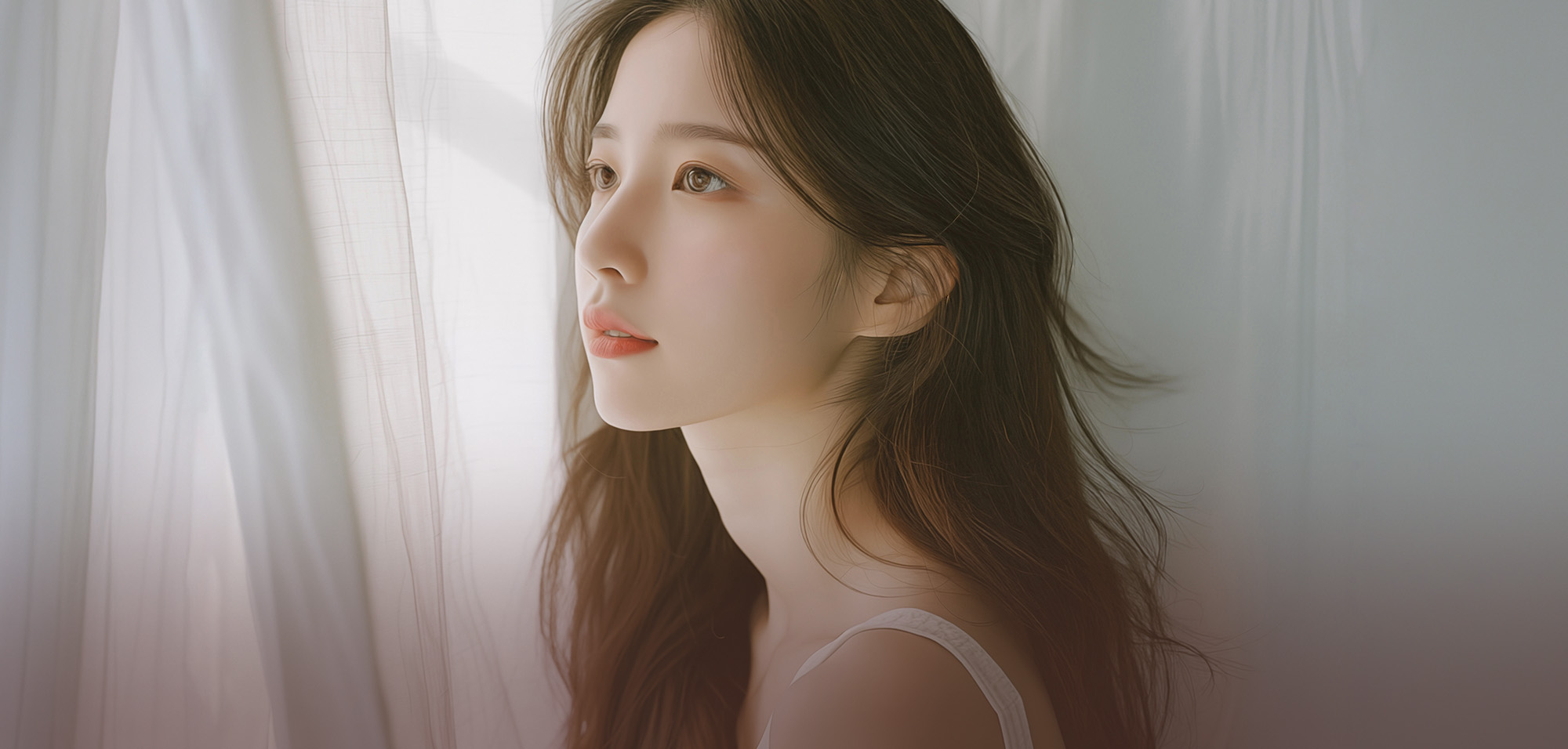 흰 커튼 옆에서 창밖을 바라보는 긴 머리 여성 모델