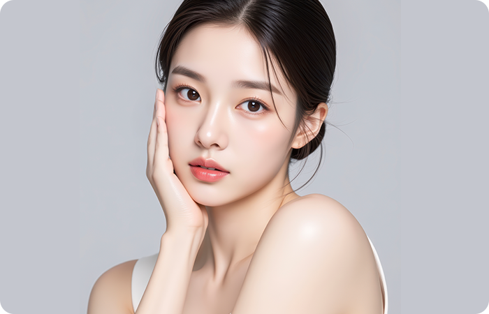 손바닥을 한쪽 볼에 댄 여성 모델의 눈매와 얼굴