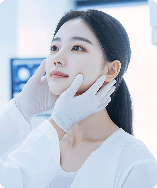 장갑을 낀 손으로 여성 모델의 볼과 턱선을 살펴보는 진료 설명 이미지
