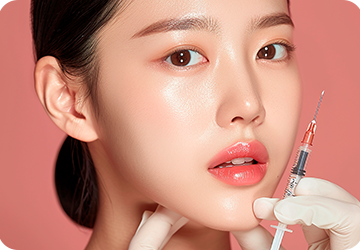 분홍 배경의 여성 모델과 얼굴 옆 주사기를 표현한 필러 설명 이미지