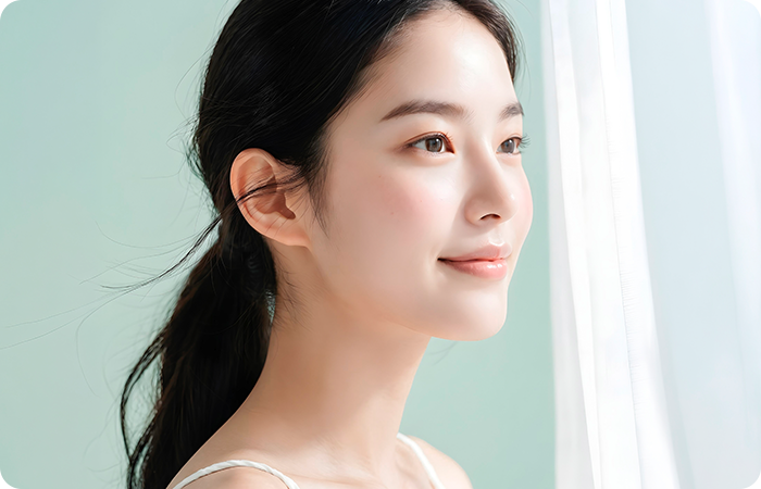 흰 커튼 옆에서 옆을 바라보는 여성 모델의 눈매와 얼굴