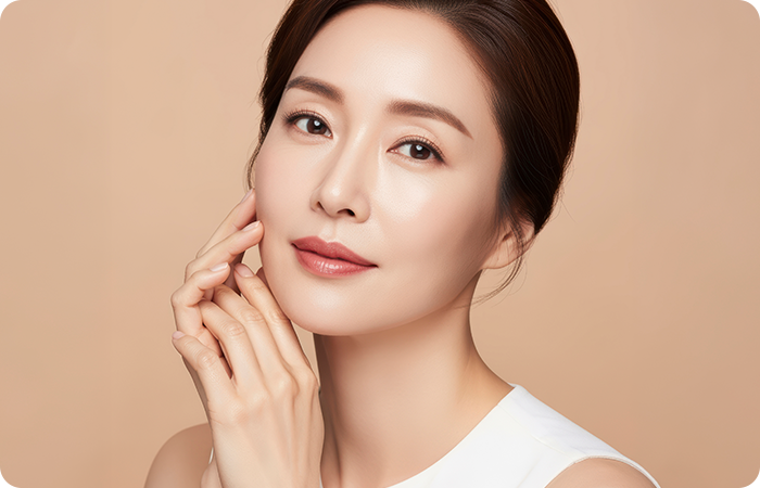베이지 배경에서 양손을 얼굴 옆에 모은 여성 모델